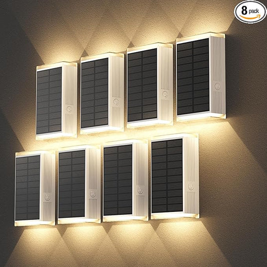 Solar Wall Light Outdoor,3000/4500/6000K/RGB 13 Modes Dusk to Dawn Lighting Solar Sconce Lights IP67 Waterproof Up and Down Solar Lights Outdoor for House /Porch/Fence/Patio/Garage-White Shell (8PCS)