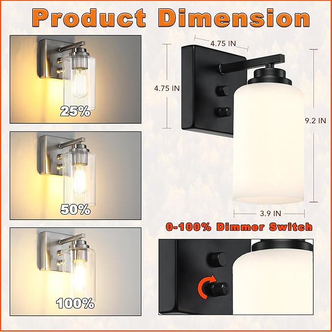 Loyareal Wall Sconces with Switch Set of Two, Bedside Wall Lamps for Bedroom, Modern Bathroom Light Fixtures with Milk Glass Shade, Black Sconces Wall Lights for Hallway, Living Room, Kitchen