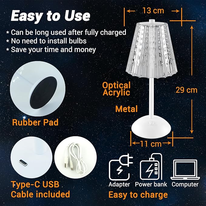 Cordless Table Lamp, 4000mAh Rechargeable Battery Operated Lamp, 3 Color Modes & Stepless Dimmable LED Touch Lamp, Portable Crystal Metal Beside Lamps for Bedroom Restaurant Outdoor(White)