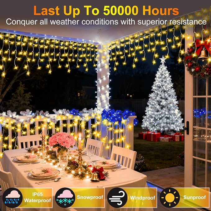 810LED 82ft Christmas Lights, 180Drops 12 Modes Warm White Christmas String Lights Outdoor Dimmable, Waterproof Christmas Decoration Fairy Lights with Timer for Indoor Eaves Party Patio Window Fence
