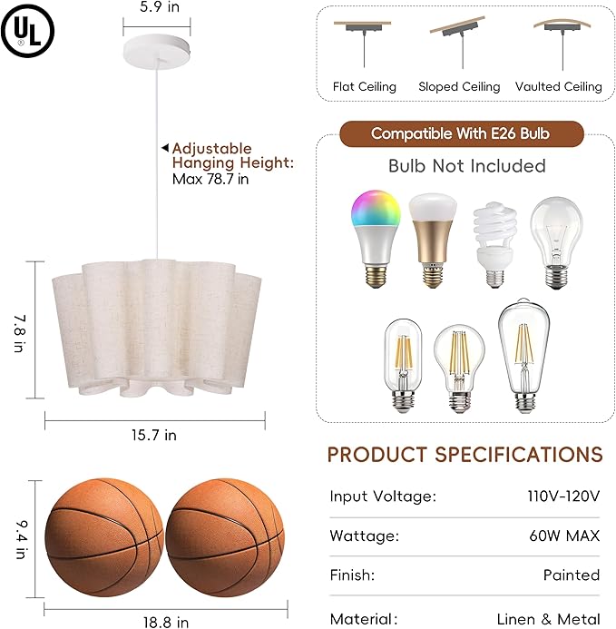 Littleglovo 15.7" Pendant Lights Kitchen Island, 1-Light Linen Petal Lampshade Dining Room Light Fixture Modern Chandeliers Hanging Pendant Lighting for Bedroom Nursery Living Room Foyer Entryway