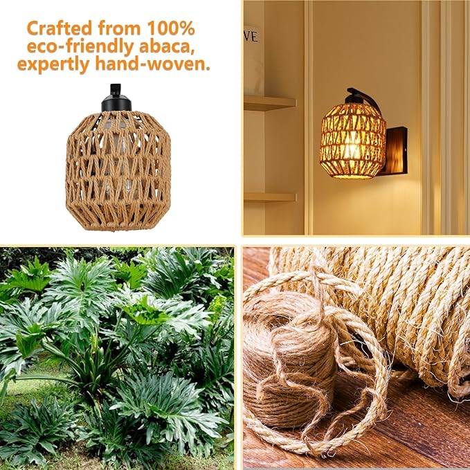 lobolighting Boho Rattan Wall Sconces Hardwired Hand-Woven Farmhouse Wall Lamps Indoor Rustic Wall Mount Light Fixtures for Bedroom Living Room Nursery Hallway 1Pack