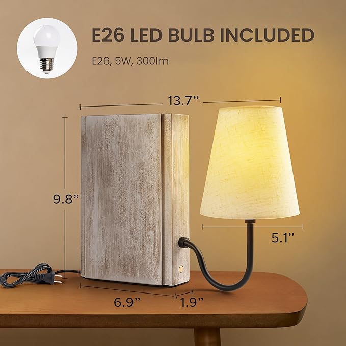 AELS Wooden Bookshelf Lamp with Bulb, Table Lamp with Linen Shade, 3-Color Dimmable Touch Control, Modern Farmhouse Decorative Bookend, Book Sconce for Office Home Bedroom Bookshelf, White