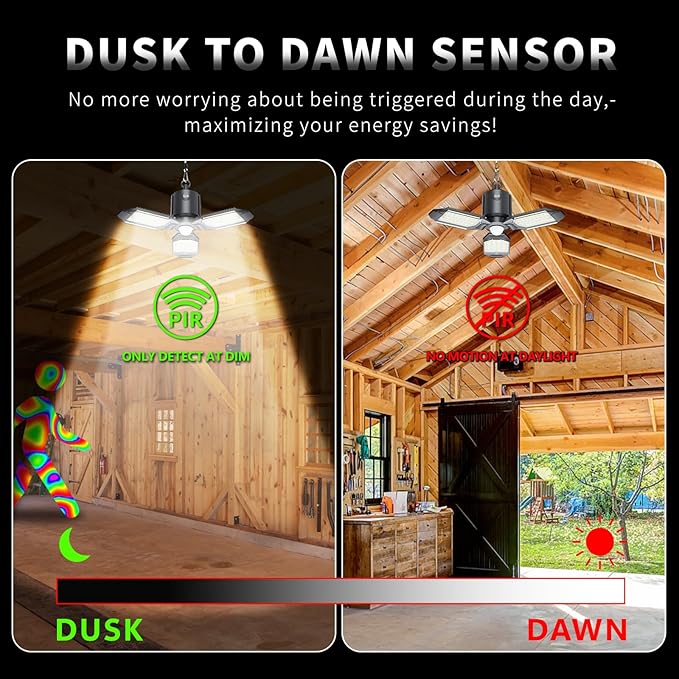 Plug in Garage Light Motion Sensor, 80W 8000LM Motion Sensor Lights Indoor, Deformable LED Shop Motion Activated Bulb for Basement, Warehouse, Barn(1 Pack)