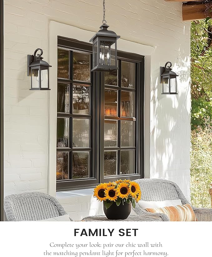 FEMILA Exterior Wall Sconce, 2 Packs Outdoor Waterproof Wall Lights Fixture, E26 Socket Wall Lantern for Porch, Anti-Rust Matte Black Finish with Seeded Glass Lampshade, 4FD54B-2PK BK