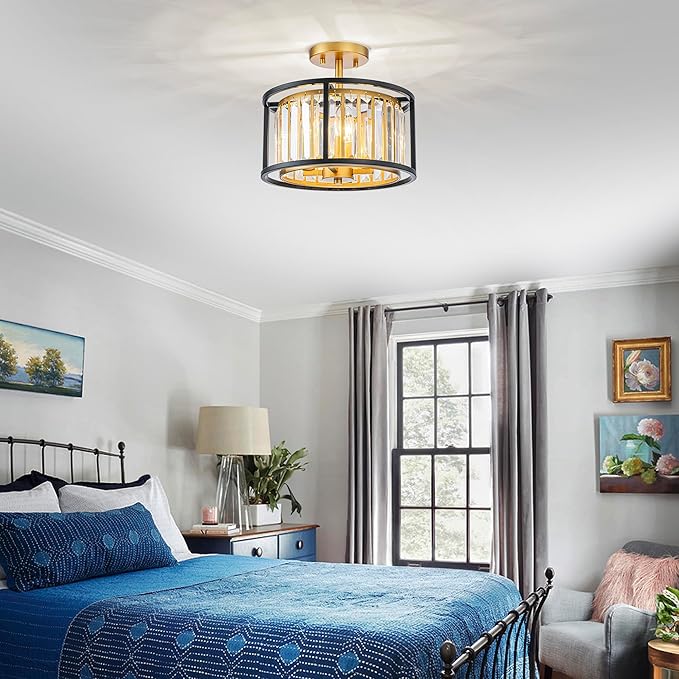 3-Light K9 Crystal Drum Ceiling Lights, Modern Style Semi-Flushmount Light Fixture for Dining Room, Living Room, D12 * H10 inch, Clear Crystal, Gold & Black Finish Frame