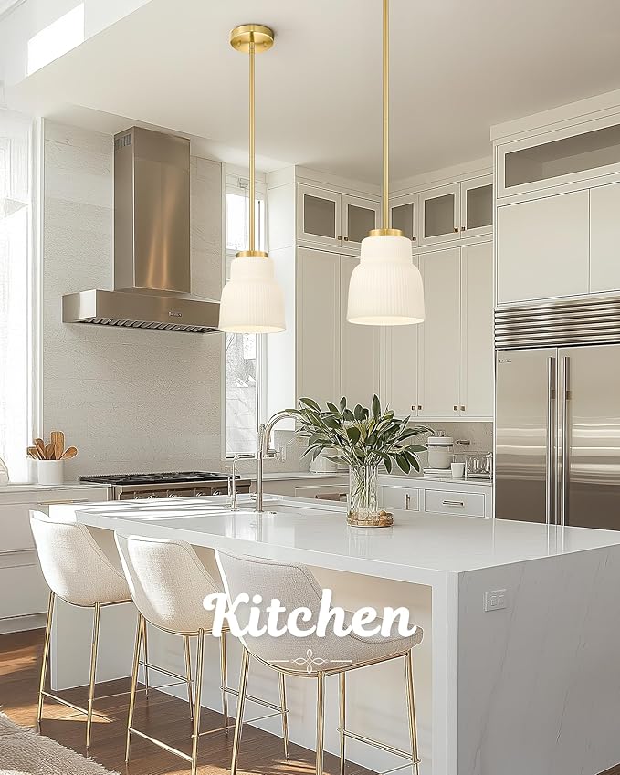 FEMILA 6.7" Kitchen Pendant Lighting Over Island, 3 Pack Brushed Gold Pendant Lighting, Milk Glass Hanging Light Fixtures for Bedroom Hotel Dining Room, 4FYD87MIL-3PK BG