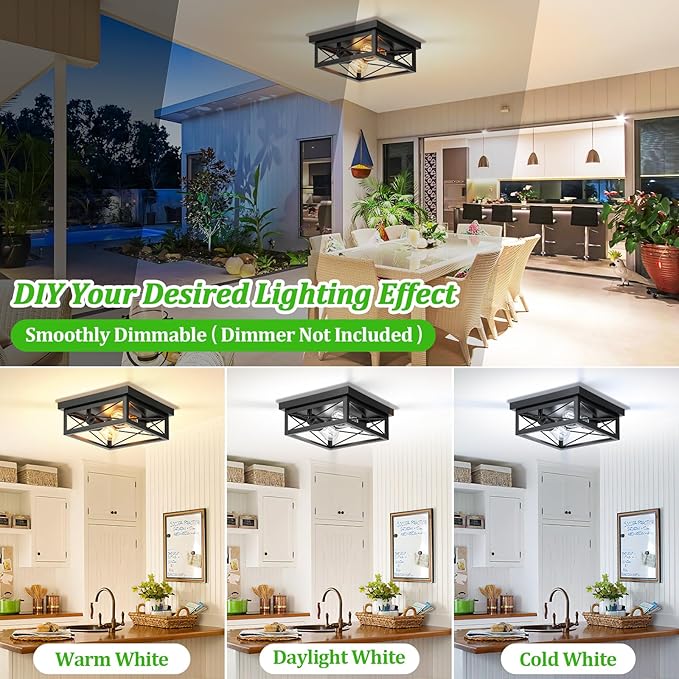 2-Light Farmhouse Ceiling Light Fixture, Industrial Square Flush Mount Ceiling Light, Modern Black Metal Hallway Ceiling Lighting Fixture for Kitchen Entryway Living Room Bathroom Porch