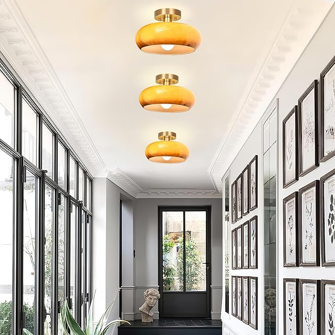 Semi Flush Mount Ceiling Light,11inch Mid Century Modern Light Fixture,Hallway Lighting Fixture with Burnt Orange Glass Shade,Vintage Ceiling Lamp for Kitchen,Porch,Entryway,Closet,Bedroom