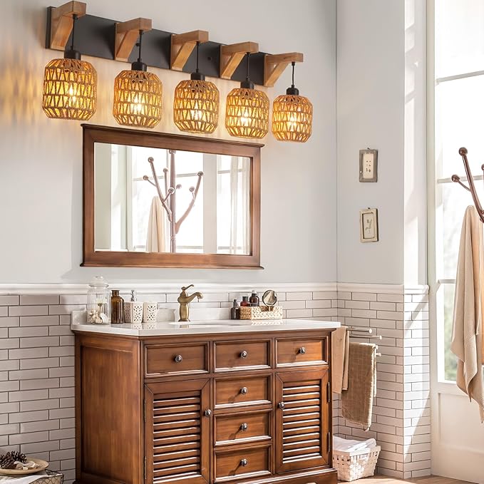 5-Light Bathroom Vanity Light Fixtures, Rustic Style Rattan Vanity Lights with Handmade Bamboo Woven Boho Wicker Lampshade, Farmhouse Wooden Bracket, Suit for Stairway Bedroom and Hallway