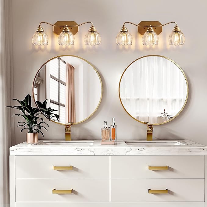 Vintage Bathroom Light Fixtures, Gold Bathroom Vanity Light, Matte Antique Brass Finish with Crystal Glass Shade, Wall Sconces Lighting for Bedroom, Living Room, Hallway (Gold, 3-Light)