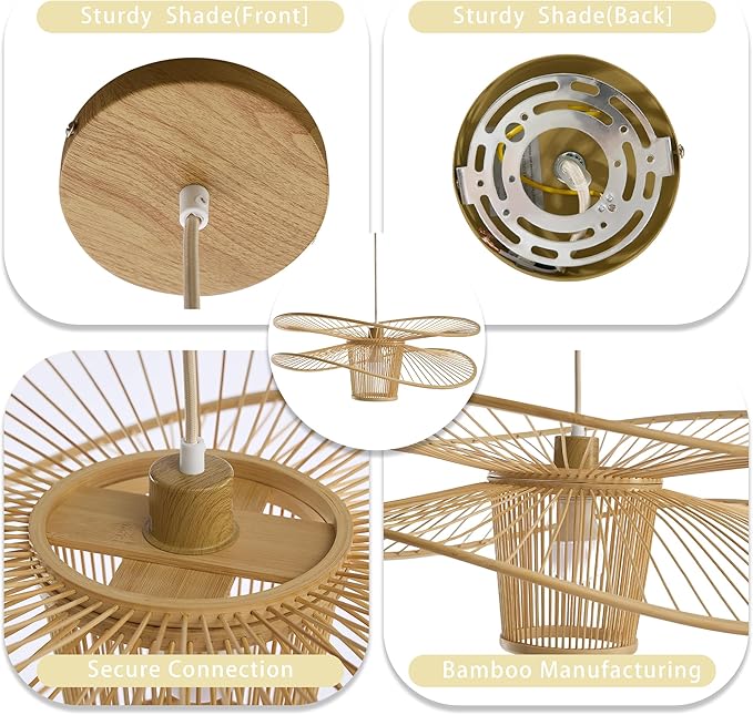 Handmade Bamboo Pendant Light, 3-Tier Boho Woven Chandelier, Modern Ceiling Lamp for Dining Room, Kitchen, Farmhouse Bedroom, E26 Base