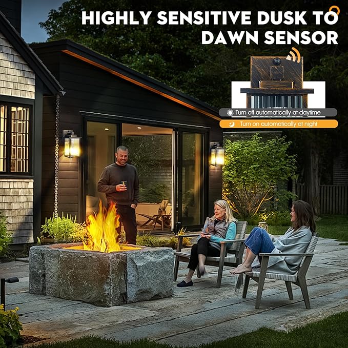 2 Pack Outdoor Wall Lights with Dusk to Dawn Sensor, Waterproof Exterior Lights for House Porch and Garage, Black Brush Gold Metal Wall Sconce with Textured Glass