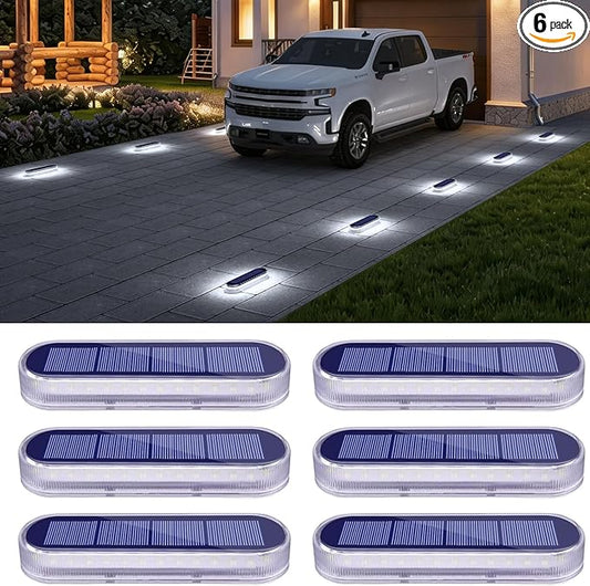 Honalia Solar Powered Driveway Lights, 6 Pack IP68 Waterproof Solar Dock Deck Lights Outdoor, White Stick on Markers Lights for Step, Stair, Sidewalk, Garden, Pathway, Patio, Walkway, Pool