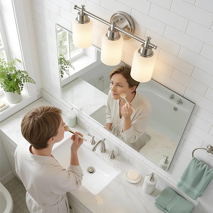 3-Light Bathroom Vanity Light Fixture, Brushed Nickel Compact Vanity Light with White Frosted Glass Shades for Mirror, Bathroom, Living Room, Modern Style, E26 Base, 16 Inch