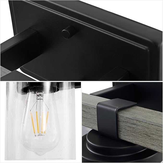 JONATHAN Y 15" Black/Gray Oak Wood Finish LED Vanity Light, Rustic Farmhouse Sconce, Clear Seeded Glass Shade, Industrial Wall Lamp for Bathroom Mirror, Kitchen Sink, LED Bulb (JYL7508B)