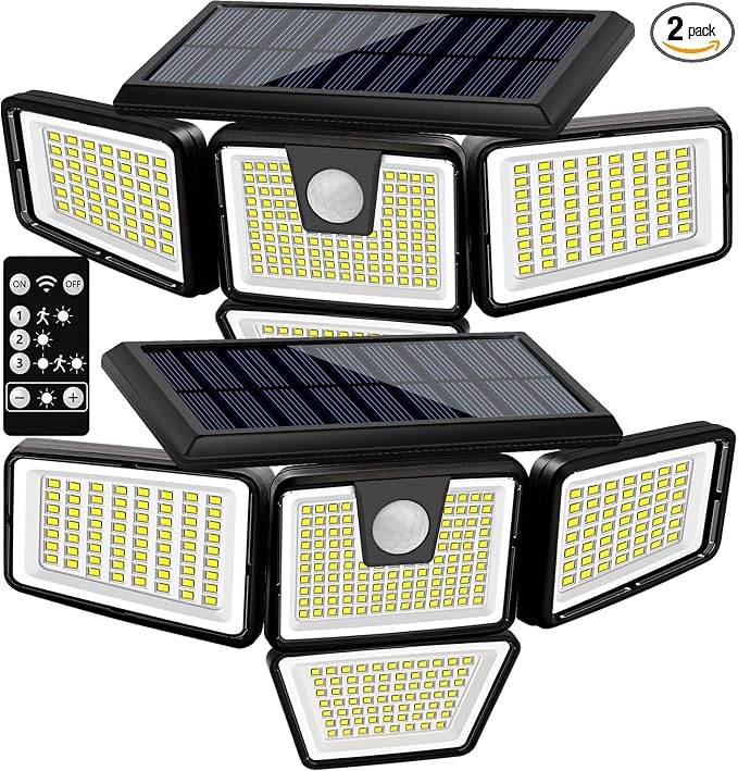AmeriTop Solar Lights Outdoor, 2 Pack 300 LED High Brightness Cordless Solar Motion Sensor Lights; 4 Adjustable Heads,320° Wide Angle Illumination, IP65 Waterproof, Security LED Flood Light(Daylight)