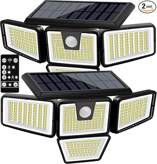 AmeriTop Solar Lights Outdoor, 2 Pack 300 LED High Brightness Cordless Solar Motion Sensor Lights; 4 Adjustable Heads,320° Wide Angle Illumination, IP65 Waterproof, Security LED Flood Light(Daylight)