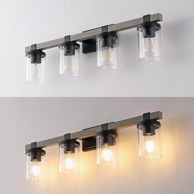 JONATHAN Y 32" Black/Gray Oak Wood Finish LED Vanity Light, Rustic Farmhouse Sconce, Clear Seeded Glass Shade, Industrial Wall Lamp for Bathroom Mirror, Kitchen Sink, LED Bulb (JYL7510B)
