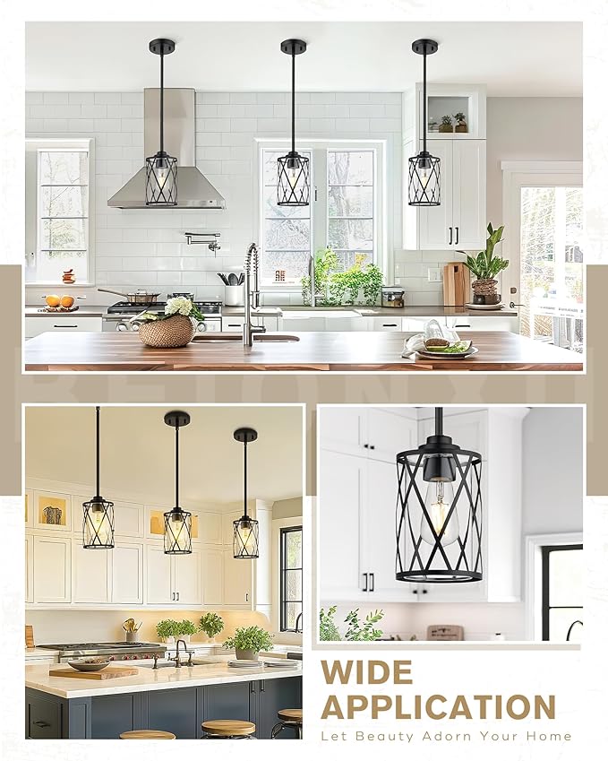 Beionxii 2 Pack Glass Pendant Lights Kitchen Island, Black Modern Kitchen Pendant Lighting Over Island, Farmhouse Industrial Cage Hanging Lighting with Clear Glass for Sink, Dining Room, BX-PL07BK-2PK