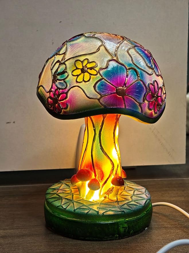 Painting Mushroom Table Lamp,7.9 Inch High Stain Plant Series Night Light, Bohemian Resin Mushroom Decoration Bedside Lamp Bedroom Living Room Home Office Decoration Gifts (20CM)