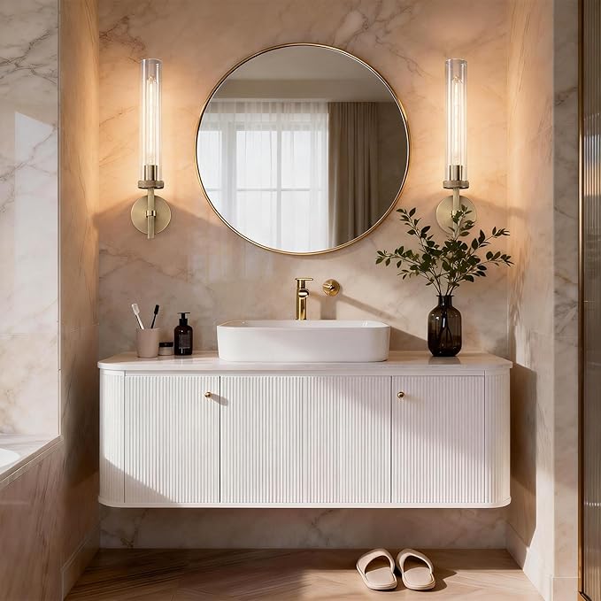Bathroom Sconces Set of 2, 19.5" Brushed Cylinder Wall Sconces, Gold Vanity Lights for Bathroom Mirror with E26 Bulbs Included