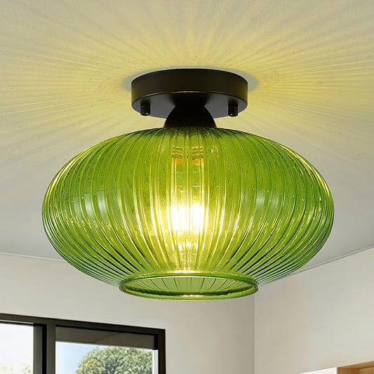 Green Vintage Glass Semi-Flush Ceiling Light - Mid Century Modern Art Deco Lighting Fixture for Hallway, Kitchen, Dining Room, Entryway, Foyer, Porch, Laundry Room