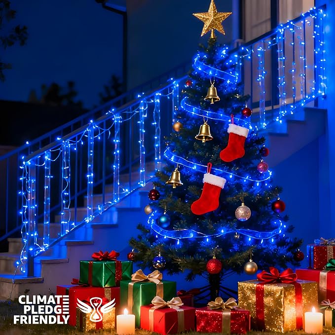 String Lights Indoor Bedroom, 33FT 100 LED Fairy String Lights Outdoor Waterproof, 8 Modes Memory Twinkle Christmas Light Plug in for Classroom Dorm Patio Tree Garden Decor (Blue)