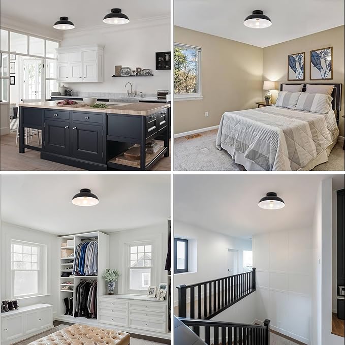 2 Pack Industrial Ceiling Light, Black Flush Mount Ceiling Light 12 Inch Kitchen Light Fixtures for Hallway Bedroom Entryway Porch Foyer Bathroom Laundry Room