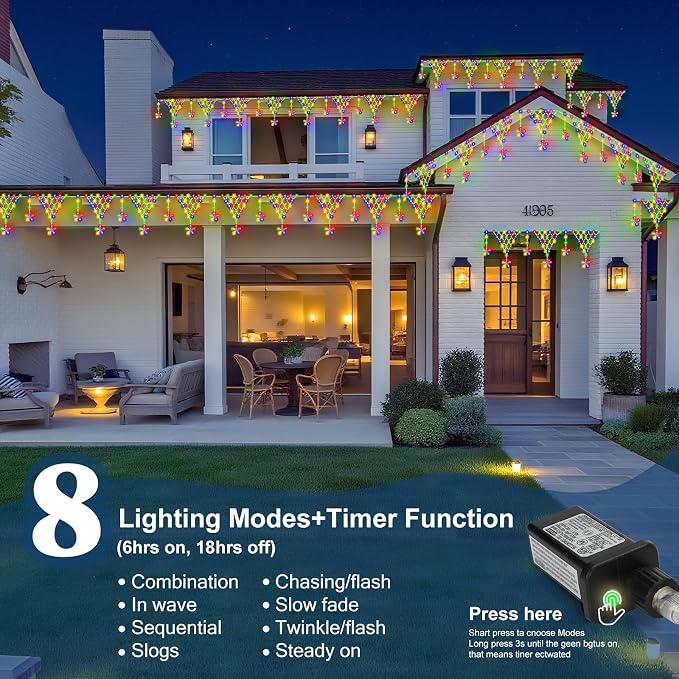 (New) Outdoor Christmas Lights, 13.8ft 218 LED Christmas Curtain Lights, Icicle String Lights with 12 Drop Stars for Curtain, Indoor, Garden, Patio, Wedding, New Year, Home Decoration - Multicolor