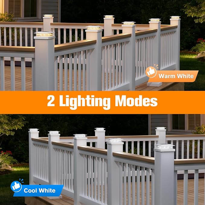 NIORSUN Solar Post Cap Lights Outdoor Waterproof, 4x4 Post Solar Lights 2 Color Modes, Fence Posts Solars Light for Deck Patio Garden Deco, 4x4 Posts Caps Wood Vinyl, 5x5 Vinyl, 12 Pack (White)