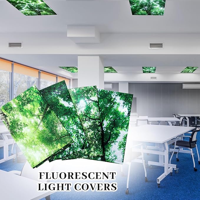 ROCEEI 8 Pack Fluorescent Light Covers, 4 x 2 Feet Magnetic Forest Covers Bulk for Ceiling Classroom Light, Reduce Glare, Easy Install, Filters for School, Home, Office, Hospitals Cubicle Decor