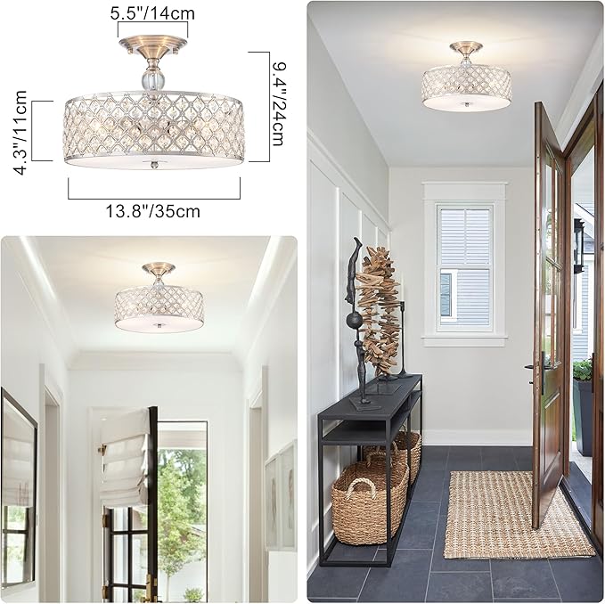 3-Light Brushed Nickel Semi Flush Mount Ceiling Light Fixture,Modern Drum Crystal Metal Acrylic Round Close to Ceiling Light