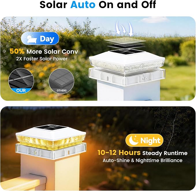 Solar Post Cap Lights 12 Pack, IP65 Waterproof Outdoor Fence Post Solar Lights for 3.5x3.5 4x4 5x5 Wood/Vinyl Posts, 10-12H Upgraded Warm/Cool White Glow for Garden/Patio/Porch - White