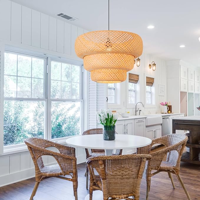 18.5" Bamboo Pendant Light,Boho Rattan Hanging Light 3-Tier Hand Woven Wicker Chandelier for Kitchen Island for Kitchen Island Dining Bedroom Living Room Restaurants