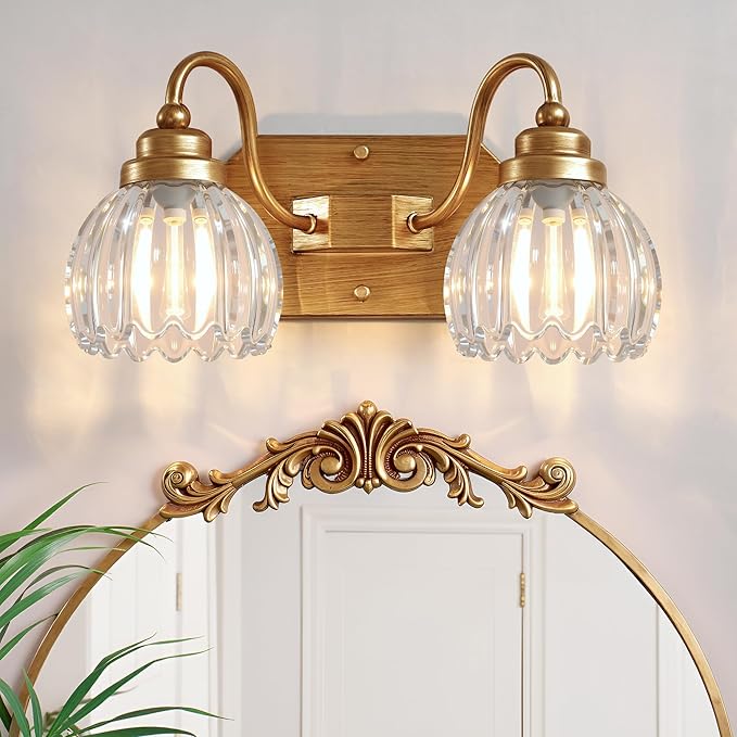 Gold Vanity Light, Vintage Bathroom Light Fixtures, 2-Light Matte Antique Brass Finish with Crystal Glass Shade, Mid Century Style Wall Sconces for Bedroom, Living Room
