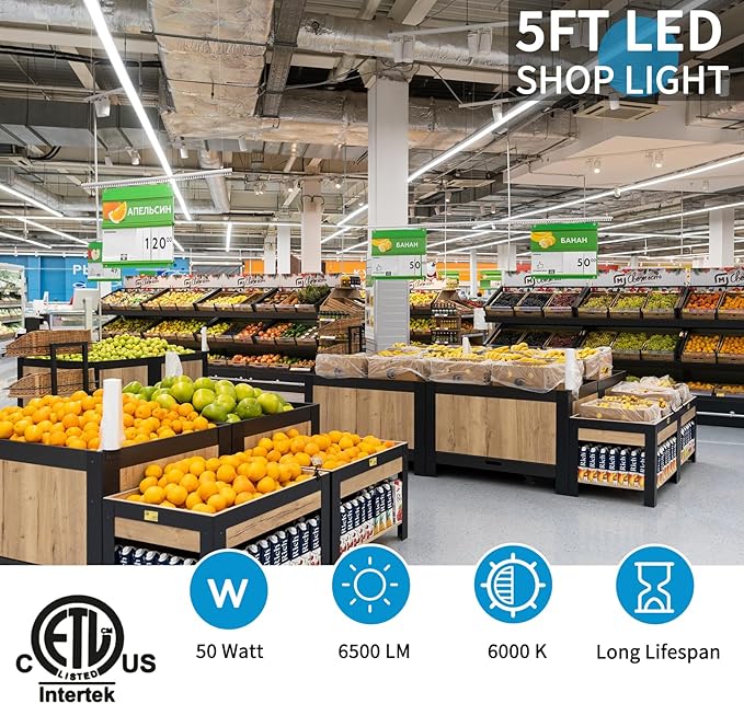 SHOPLED LED Shop Light 5FT, 50W 6500LM 6000K Cool White, V-Shape T8 Linkable LED Tube Lights, Work Shop Lights for Garage, Workbench, Basement, ETL Listed, 4 Pack