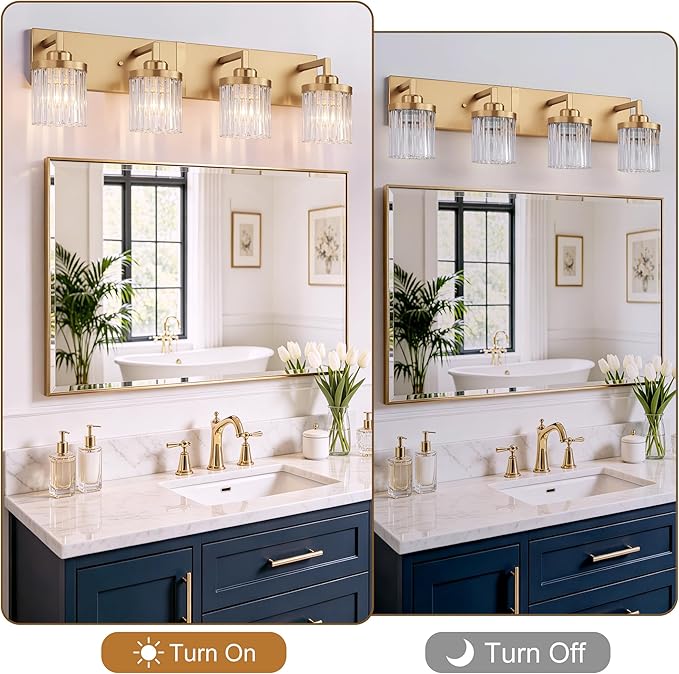 Modern Crystal Bathroom Light Fixtures, 4 Light Gold Vanity Lights, with Crystal Glass Shade, Industrial Bathroom Lighting Fixtures Over Mirror Wall Light for Bedroom Living Room