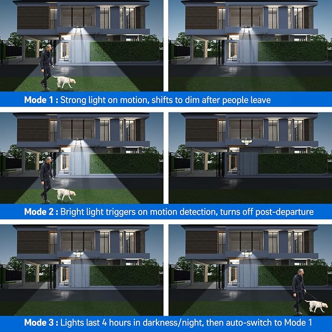 Solar Security Outdoor Lights-3000LM 4 Heads Solar Flood Lights with Motion Sensor, IP65 Waterproof Security Lights with Remote, 270° Wide Angle Flood Wall Lights with 3 Modes for Home Outside, 2 Pack