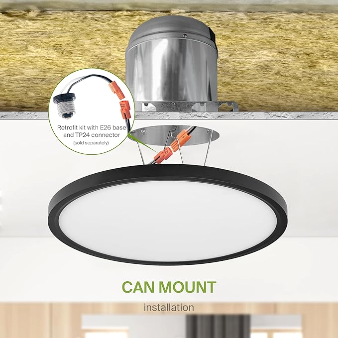ASD LED 12" Round Flush Mount Ceiling Light Fixture, Low Profile Surface Lighting | 5CCT, Dimmable, Ultra-Thin, ETL Listed | 24W 2000LM 2700-6000K 100-277V | Kitchen, Bedroom, Hallway Lamp | Black