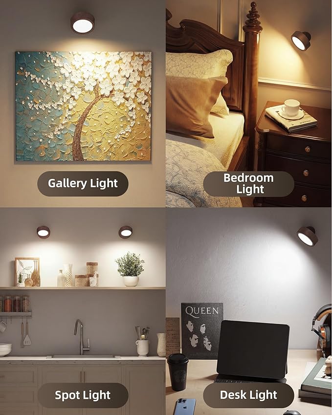 EZVALO LED Wall Mounted Light, 3000mAh Rechargeable Cordless Wall Sconce, Dimmable with Remote & Touch Control, 3 Color Temps, 360° Rotatable for Bedroom, Bedside, Reading(Walnut)