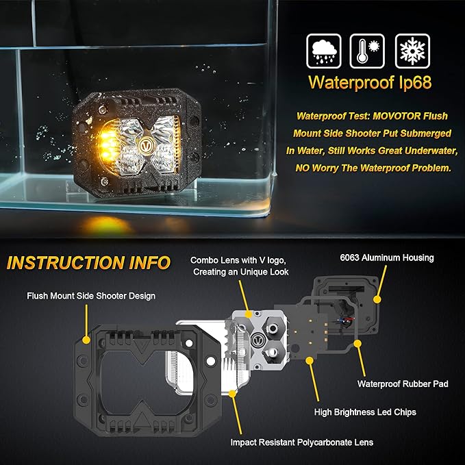 MOVOTOR Flush Mount Led Pods, Combo Offroad Driving Pods with Separate Amber Solid/Strobe Side Shooters Backup Reverse Lights Cube Working Lights for Truck Jeep ATV SUV 4x4