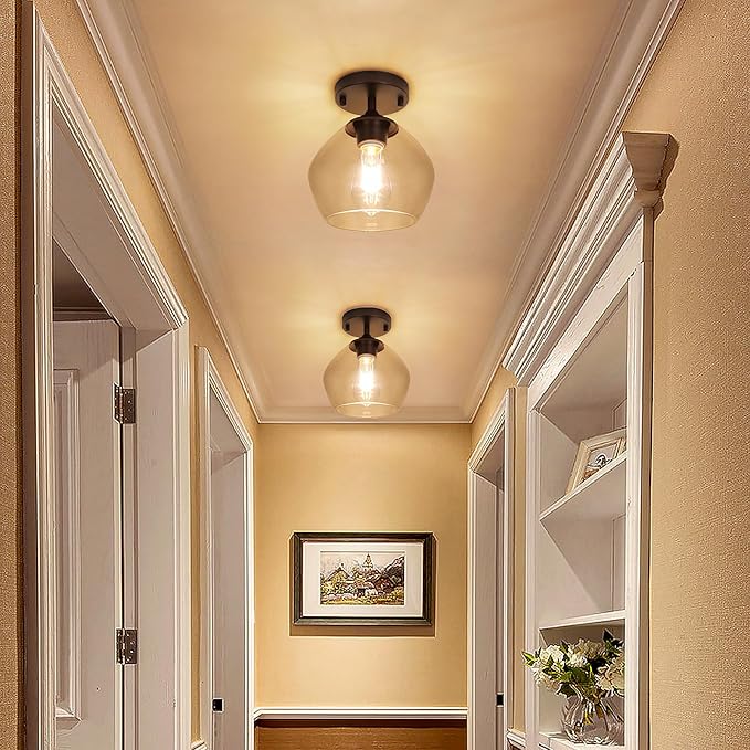 Modern Semi Flush Mount Ceiling Light with Clear Glass Shade, Industrial Close to Ceiling Light, Brown Hanging Ceiling Light Fixture for Hallway, Bedroom, Dining Room, Entryway, Foyer