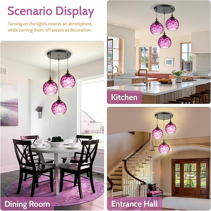 Mid Century Modern 3-Light Cluster Pendant, Hammered Purple Glass Globe Chandelier, Ceiling Hanging Light Fixture for Dining Room Table Kitchen Island Over Sink