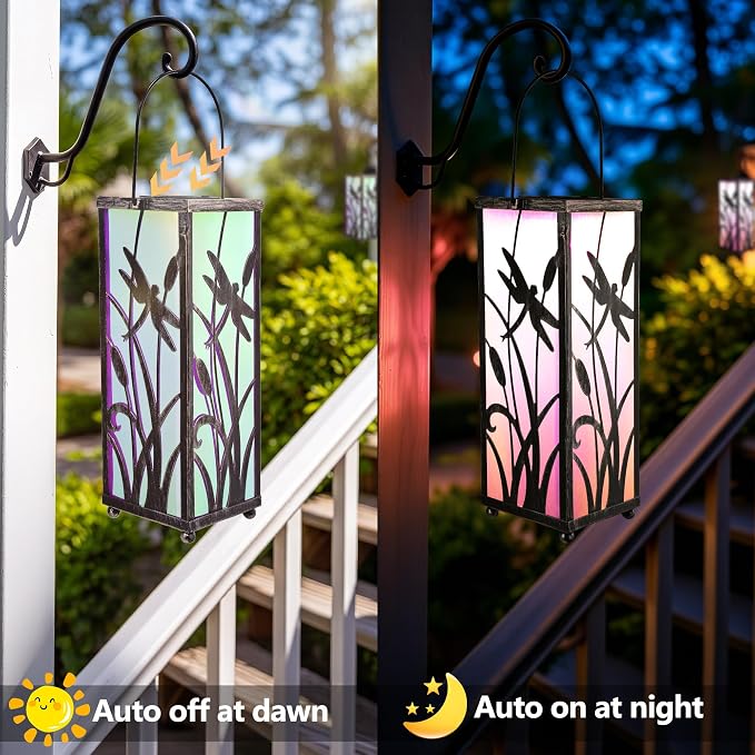 ODEETRONIC Solar Lantern Light, Hanging Dragonfly Lantern with Colorful Film Shade, Metal Solar Tabletop Light Warm White LED Outdoor Garden Lighting Waterproof for Patio Pathway Porch Balcony Decor