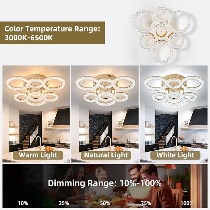 OKELI Modern Ceiling Light, 7 Rings 23'' Dimmable LED 106W Flush Mount Ceiling Lights with Remote Acrylic Crystal Round Ceiling Light Fixture, Bedroom Living Room Dining Room, Gold