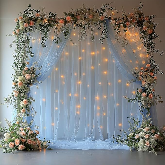 10x10ft Baby Blue Tulle Backdrop Curtain with Lights String Sheer Drapes for Baby Shower Decorations for Boy, Bridal Shower, Photo Booth, Birthday Party Decor(2 Panels)