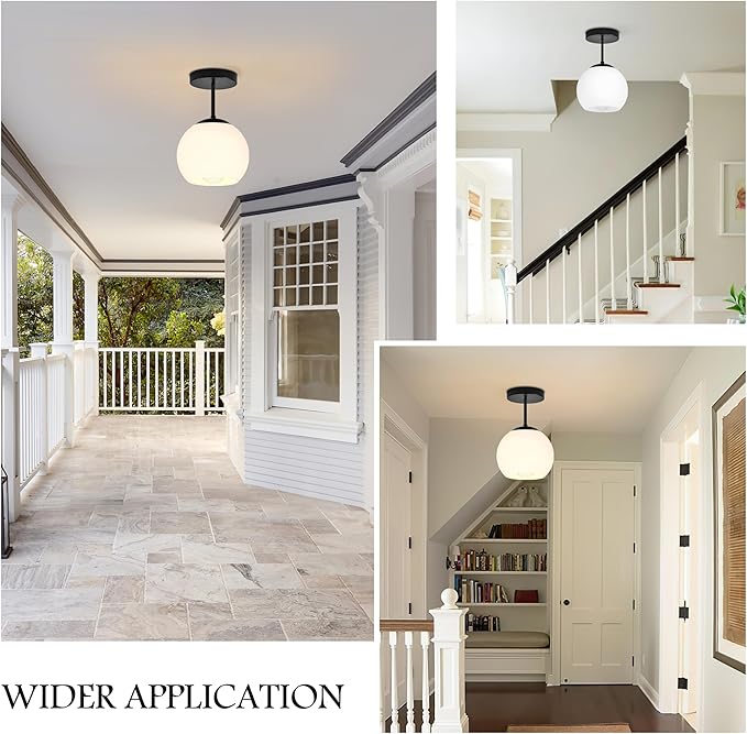 Black Semi Flush Mount Ceiling Light Fixture Milk Glass Light Fixture Mid Century Flush Mount Ceiling Light Black Flush Mount Ceiling Light Schoolhouse Light Fixture for Dining Room(Bulb Incl.)