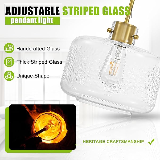 Glass Pendant Lights Kitchen Island, 9.84'' Brass Gold Pendant Lighting Fixtures, Modern Hanging Ceiling Light with Clear Hammered Glass Shade for Farmhouse Dining Room Bedroom Hallway(1 Pack)