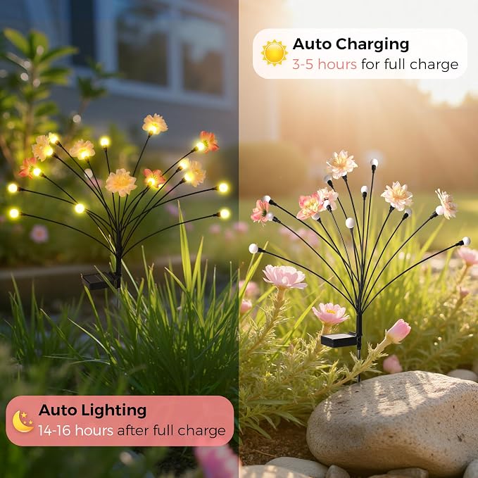 PEVOROS Solar Garden Lights, Warm White LED Swaying Solar Flowers Light for Outside, Waterproof Garden Decor, Outdoor Decorative Lights Yard, Patio, Pathway Decoration Gardening Gifts (4 Pack)